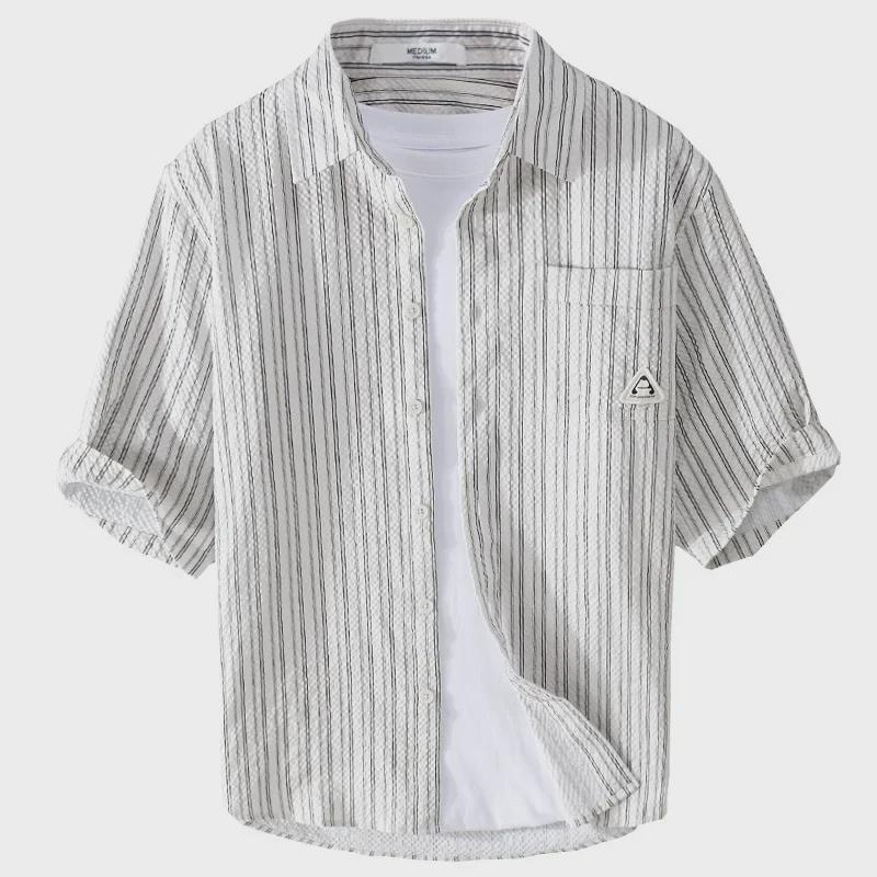 Men's Summer Striped Short-Sleeve Shirt with Bubble Texture - Trendy and Comfortable, Five-Point Sleeves 944