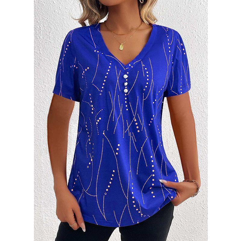 

2024 Button Polka Dot V-neck Short Sleeved T-shirt Top Blue XXL