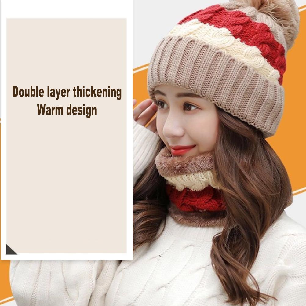 Women Winter Knitted Hat Scarf Set Fleece Lined Beanie Earflap with Pompom Thick Thermal Hat Neck Warmer for Outdoor