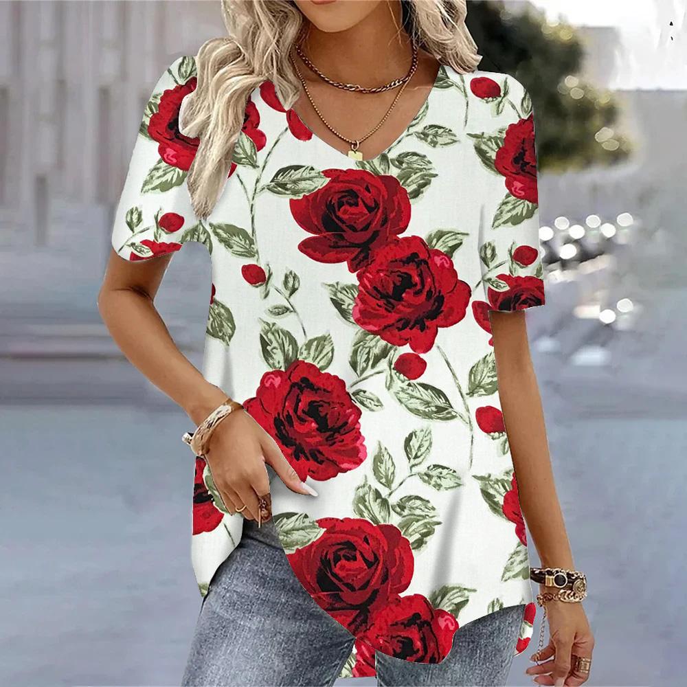 New 3D Floral Printed Women Short Sleeves Tops Fashion Casual Breathable T-shirts Tops Summer Ladies V-neck Tees Shirts Blouse