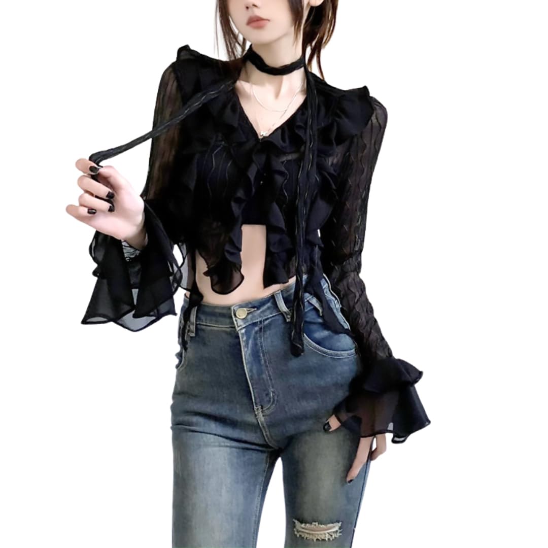 

Болеро Кардиган Топ с Кружевом и Длинными Рукавами-Колокольчиками для Балета Феи, Открытый, Солнечный, Милый для Взрослых [НАЗВАНИЕ] Женский, Рюши, Рукава, Корейский, Y2K, Core, чёрный