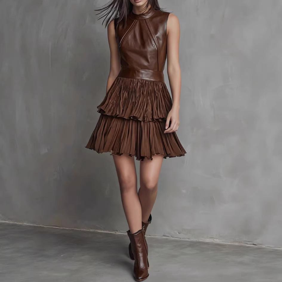 Leather Sleeveless Layered Dress - Spring/Summer Fashion Trend, European American Style