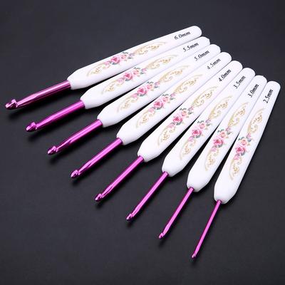 8PCS Aluminum Crochet Hook Set Knitting Needles With Soft Floral Print Plastic Handle (Large)