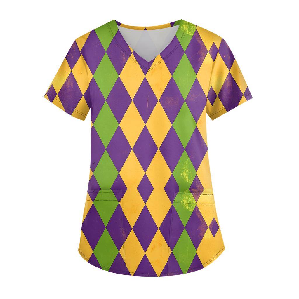 Ladies' Carnival Printed Fashion V-neck Pocket Short Sleeved Nurse's Wear And Worker's Top