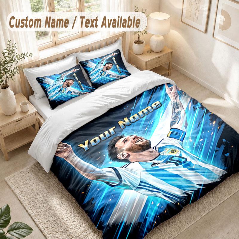 Custom Name Bedding Set 3 PiecesLionel Messi Print Duvet Cover + 2 Pillowcases Soft Bed Decor