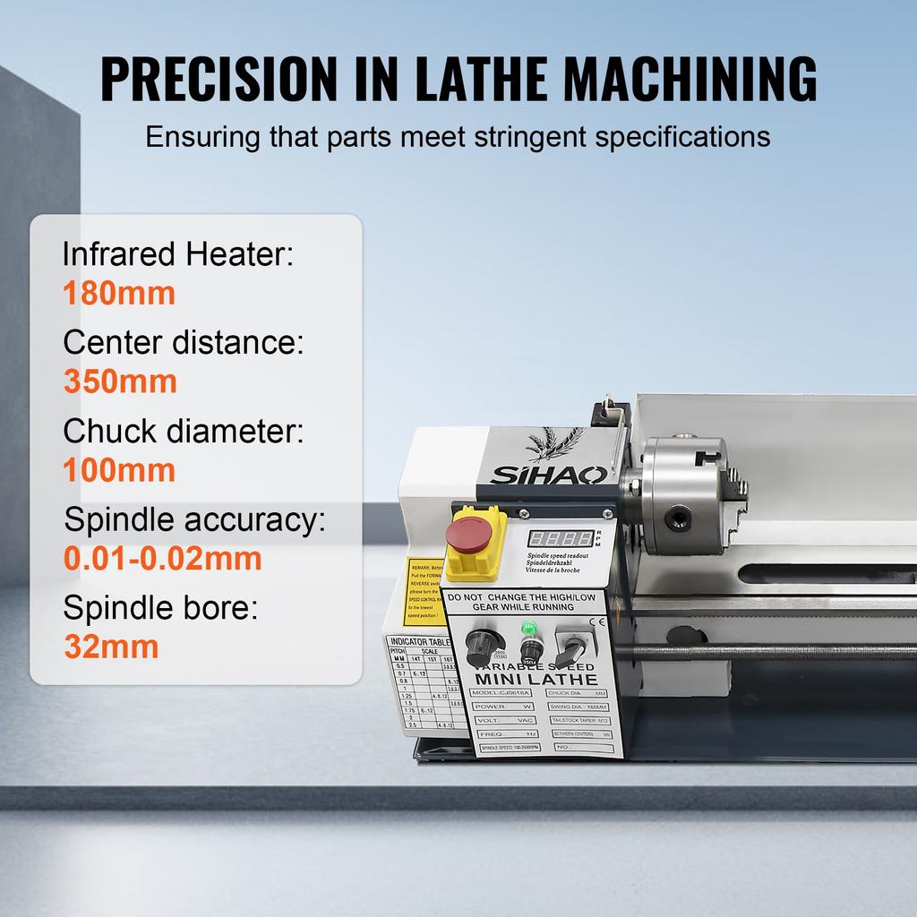 220V Draaibank 180*350MM Kunststof Tandwielen zonder Gereedschapsteun en Center Frame