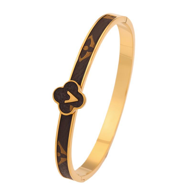 Módní titanová ocelová zámková řetízková kožená náramek se čtyřlístkem pro ženy - Prémiový, Barevně stálý, Evropský a Americký módní design