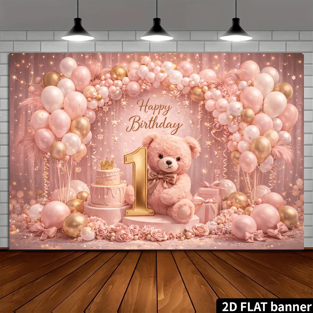 2D Plane's First Birthday Party Banner Background - Pink Teddy Bear Theme, Combined with Pink and Gold Balloons and Rose Flowers