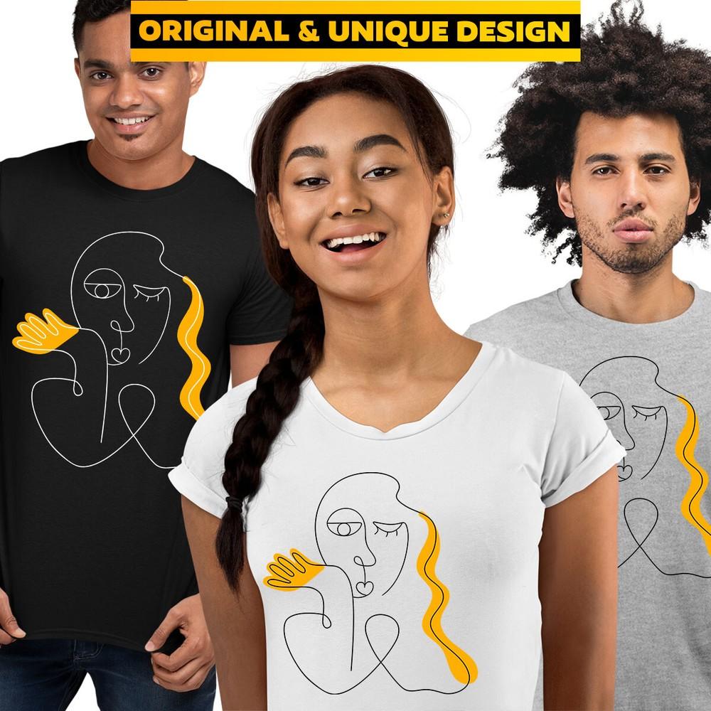 Woman Figure One Line Drawing Abstract Face Yellow Short Sleeve TShirt Birthday L