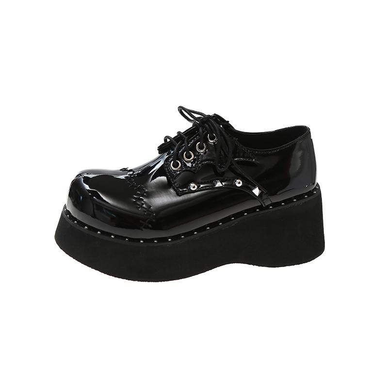 Y2K Rivet Punk Gothic Shoes Girls Lace-Up Chunky Platform Mary Janes Shoes Women Japanese Style Wedges Pumps  PU Leather Shoes