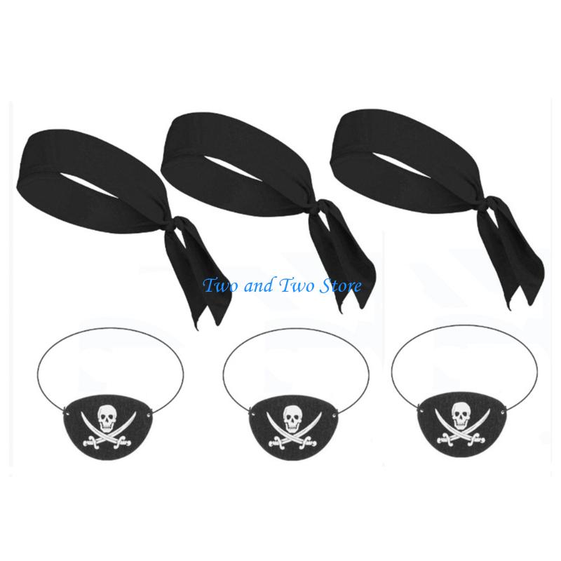 HX6F Halloween Pirate Costume Accessories Tie Headband Pirate Hat Pirate Eye Patches Golden Earrings for Kids Toddler