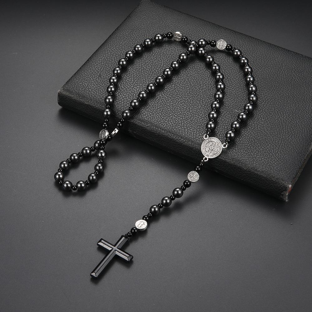 Fashion Black Rosary Round Beads Classic Bead Cross Pendant Rosary Gift