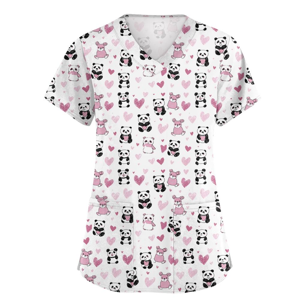 Women's V,neck Valentine's Day Printed Short,sleeved Pocket Side,slit Protective Suit Top