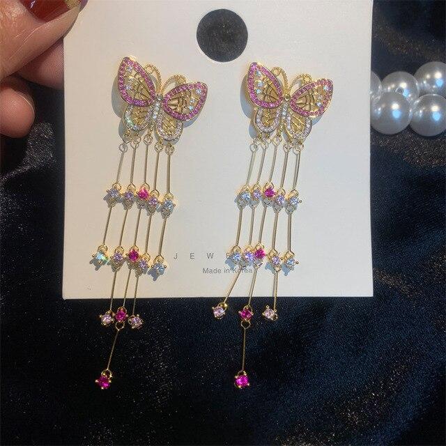 

Модные серьги-бабочки с насекомыми и длинной кисточкой, висячие украшения, розовые серьги-гвоздики с кубическим цирконием, женские модные свадебные серьги