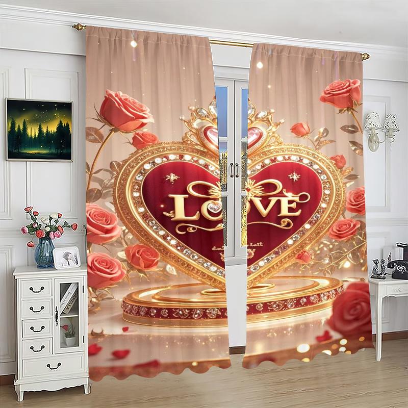 2pcs- Valentine's Day LOVE- Printed curtain 100% polyester material, suitable for home decoration (excluding poles)