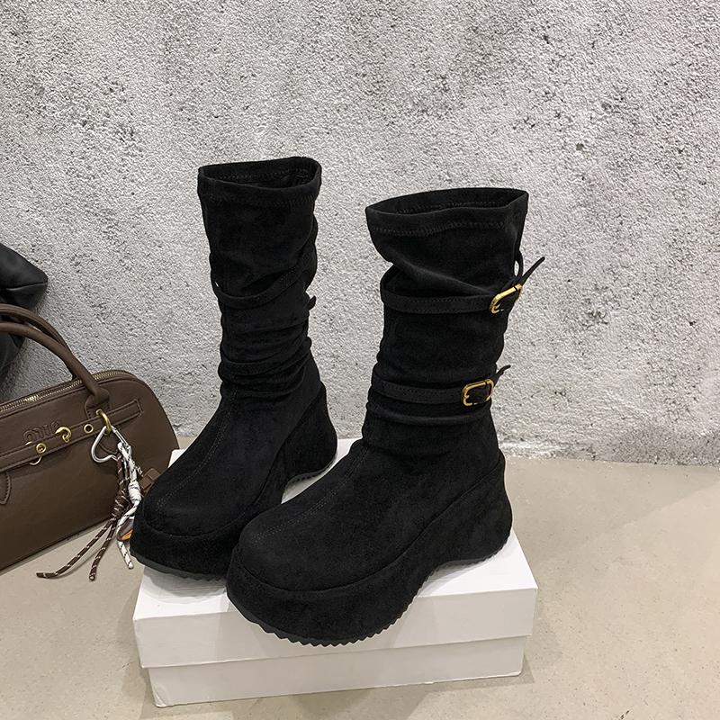 Fashion Autumn Winter Vintage Thick Sole Women Mid Calf Boots Fashion Round Toe Stripper Party Shoes Stretch Slim Botas Para Mujer