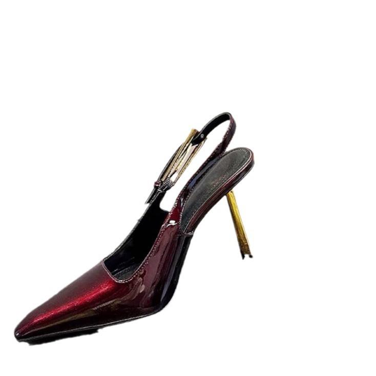 New Black High Heels Small Square Head Bag Head Back Empty Fashion Sexy Single Shoes Patent Leather Premium Sandals
