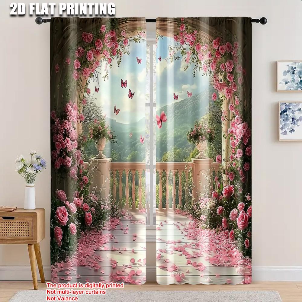 2pcs   spring summer Curtains Roses Balcony Mountain Butterfly View Light Filtering Sheer Curtains Versatile Polyester Fabric