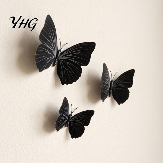 Halloween Theme Wall Accents 12Pcs 3D Black Butterfly Stickers, Removable PVC Decals for DIY Stickers Home Decor Party Decor, Self Adhesive