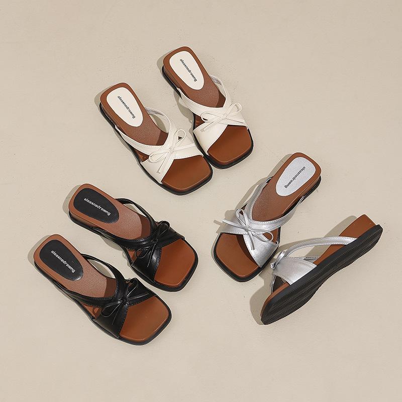 Summer New Fashion Korean Bow Wedge Slippers Female Retro Open-toed Fairy Wind Wearing Thick-soled Cool Slippers