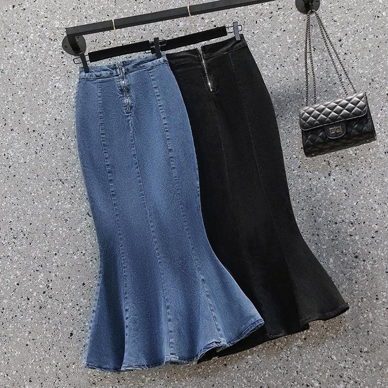 Dámska džínsová ceruzková sukňa s vysokým pásom a volánmi v kórejskom štýle - Jesenná/zimná midi slim fit so štrbinou