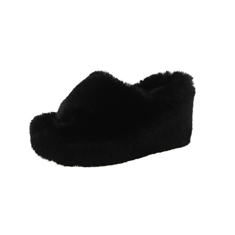 Fashion Aphixta Black Faux Fur 10cm Wedge Heels Slippers Women Winter Mulers Furry Warm Soft Shoe Cross Strap Clog Slides Sexy Shoes