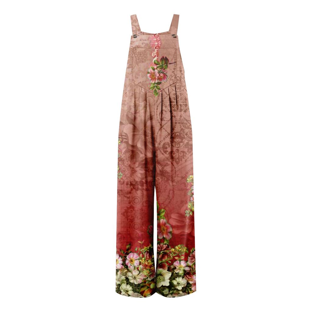 Womens Overalls Casual Print Wide Leg Jumpsuits Bib Rompers Sleeveless Straps With Pockets Outfits