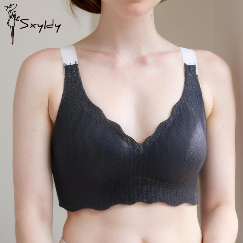 New V-neck Gathered Bubble Cotton Lace Underwear Without Steel Ring Anti-sagging Sports Breathable Comfortable Bra