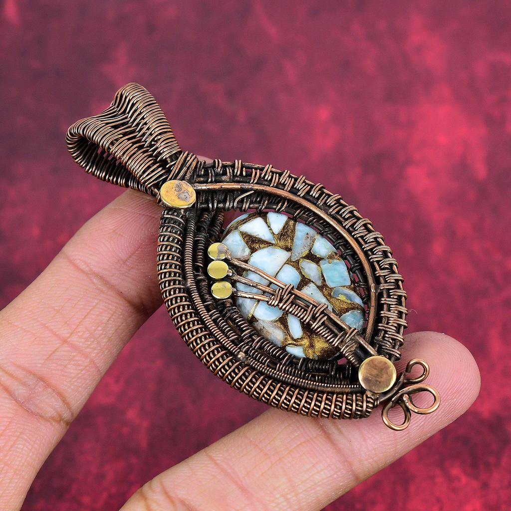Copper larimar pendant copper wire wrapped gemstone jewelry handmade copper pendant gifts for women wire weaving pendants birthstone jewelry