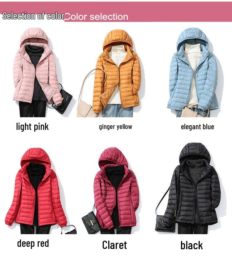 Jachetă scurtă cu glugă pentru femei - 90% puf de rață albă, ușoară, mărime plus, glugă detașabilă, stil toamnă/iarnă.