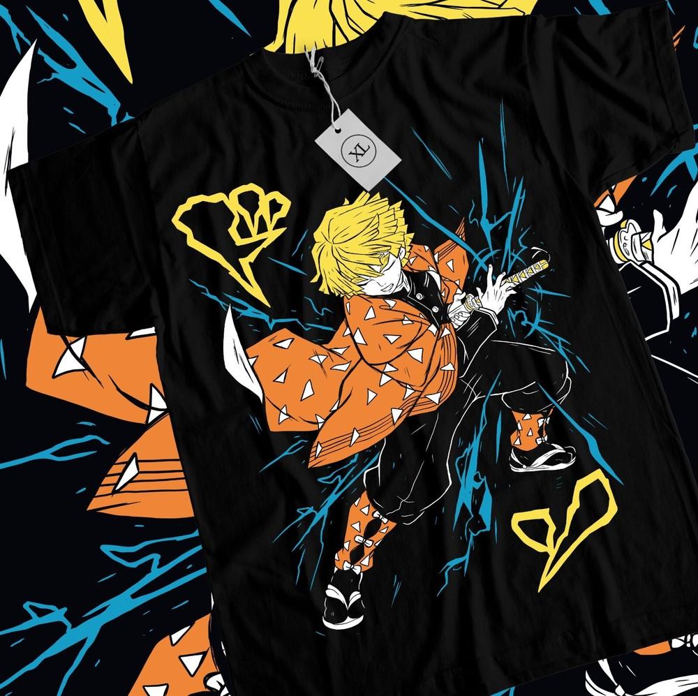 

Agatsuma Zenitsu Shirt Demon Slayer Kimetsu No Yaiba Anime Black Shirt All Size Unisex T-Shirt XXXL