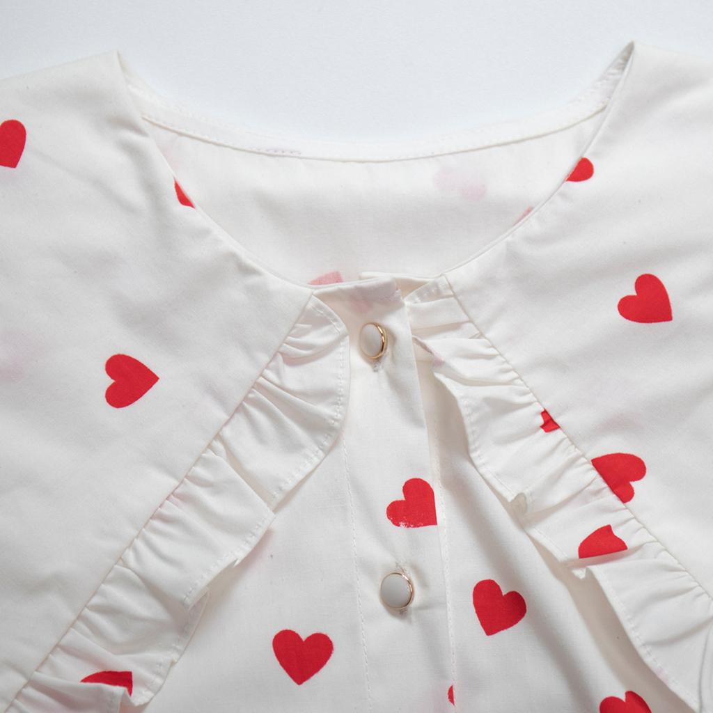 Spring and Autumn Women's Cotton Shirt Love Printed Shirt Doll Collar Lantern Sleeve Shirt