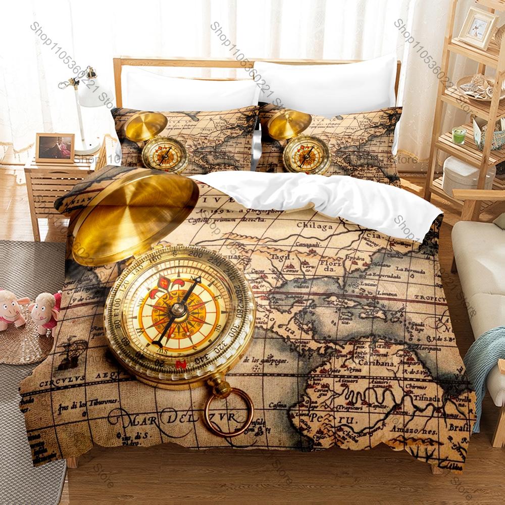 Set Biancheria da Letto Bussola Mappa Retro, Copripiumino + 2 Federe, Lenzuola Grafiche Classiche di Navigazione