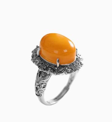Vintage Style Sterling Silver Ring with Oval Cabochon Amber Stone Handcrafted Ethnic Design Adjustable Band for Women and Men