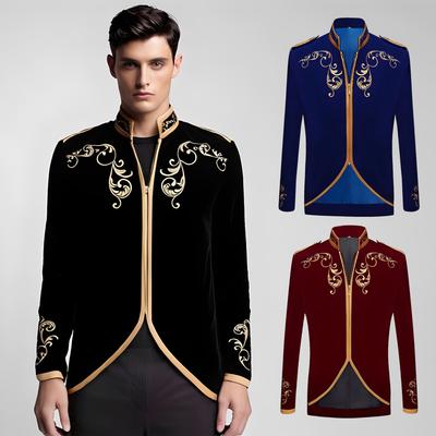 Mens Stylish Court Prince Black Velvet Gold Embroidery Blazer Suit Jacket