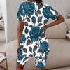 Women Plus Size Printed Round Neck Short Sleeve Longline Top Fitted Shorts Two Piece Set