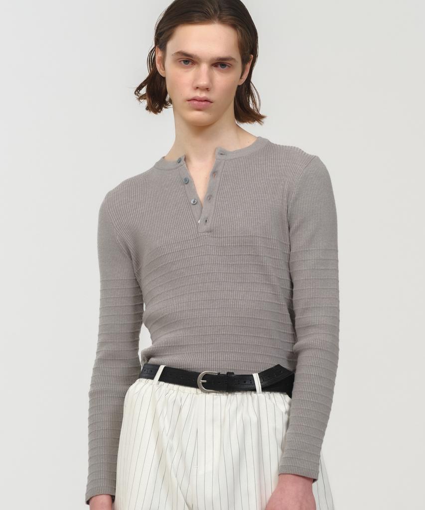 MOONSUN Unisex, Stripe Henley Neck Knit / Gray