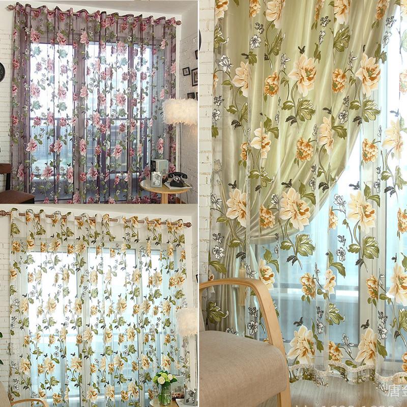 Peony Pattern Curtains Tulle Sheer Modern or Living Room Bedroom Windows Panel Balcony Decor