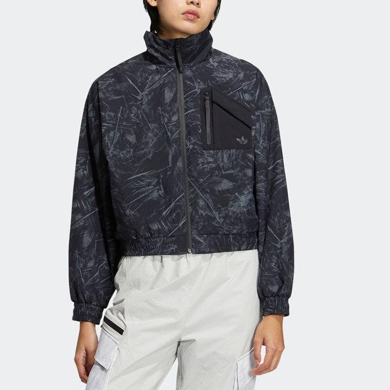 Adidas Originals Three Stripes Patch Pocket Stand Collar Front Zip Sports Jacket Women Jacket Black HS9506