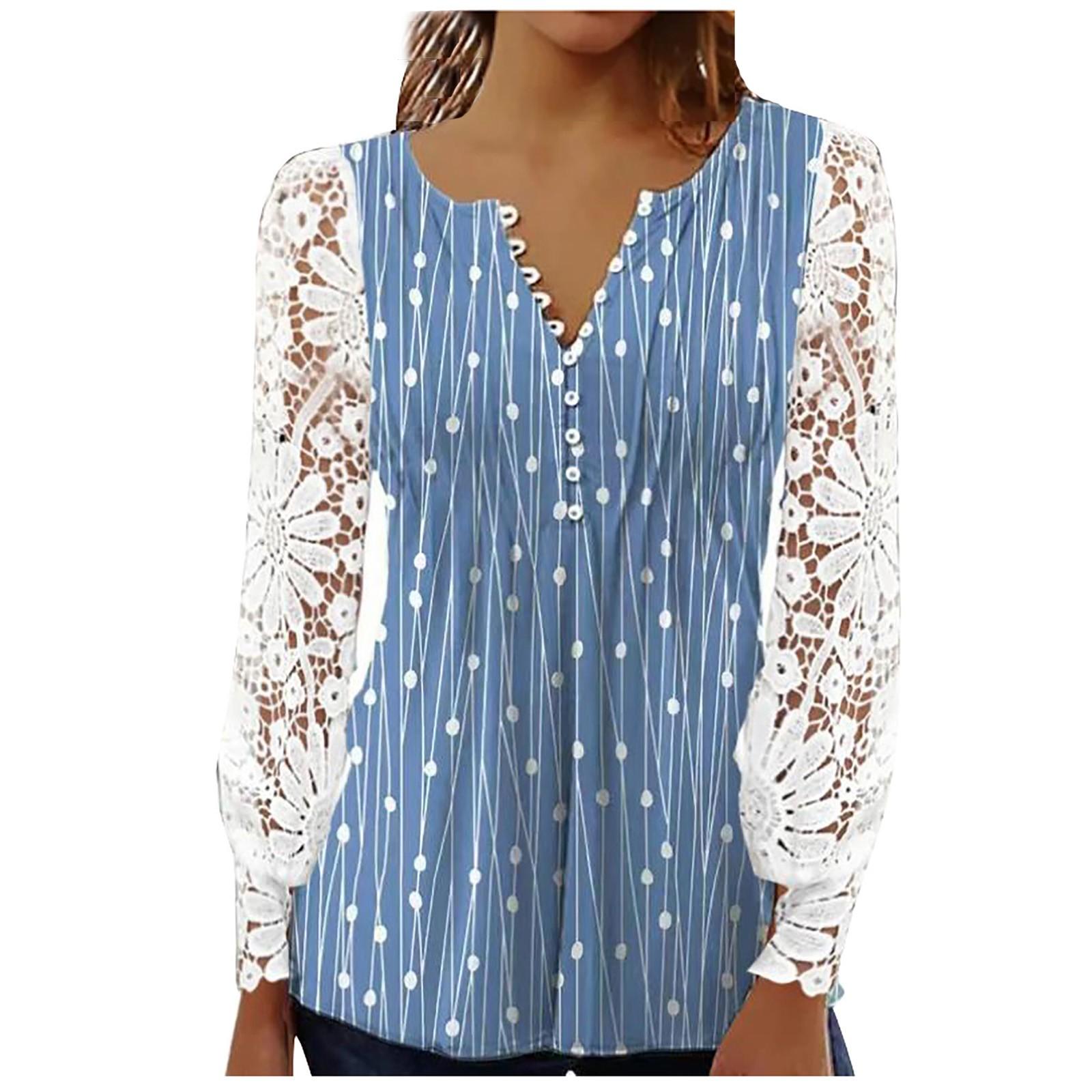 

Женская повседневная футболка с длинными рукавами и плиссированной пуговицей с кружевными рукавами и принтом XXL