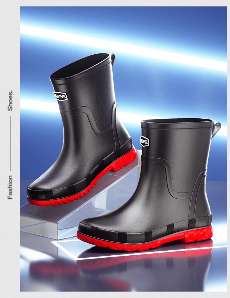 Men's British Style Waterproof Mid-Calf Rubber Rain Boots with Elastic Cuff - Non-Slip Winter Outdoor Fashion