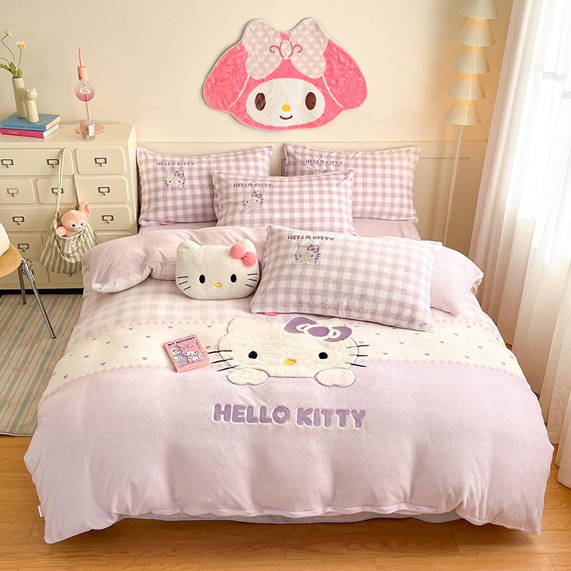 Cat Thickened Milk Fleece Four-Piece Set Cartoon Sticker Embroidered Fleece Quilt Cover Student Three-Piece Set