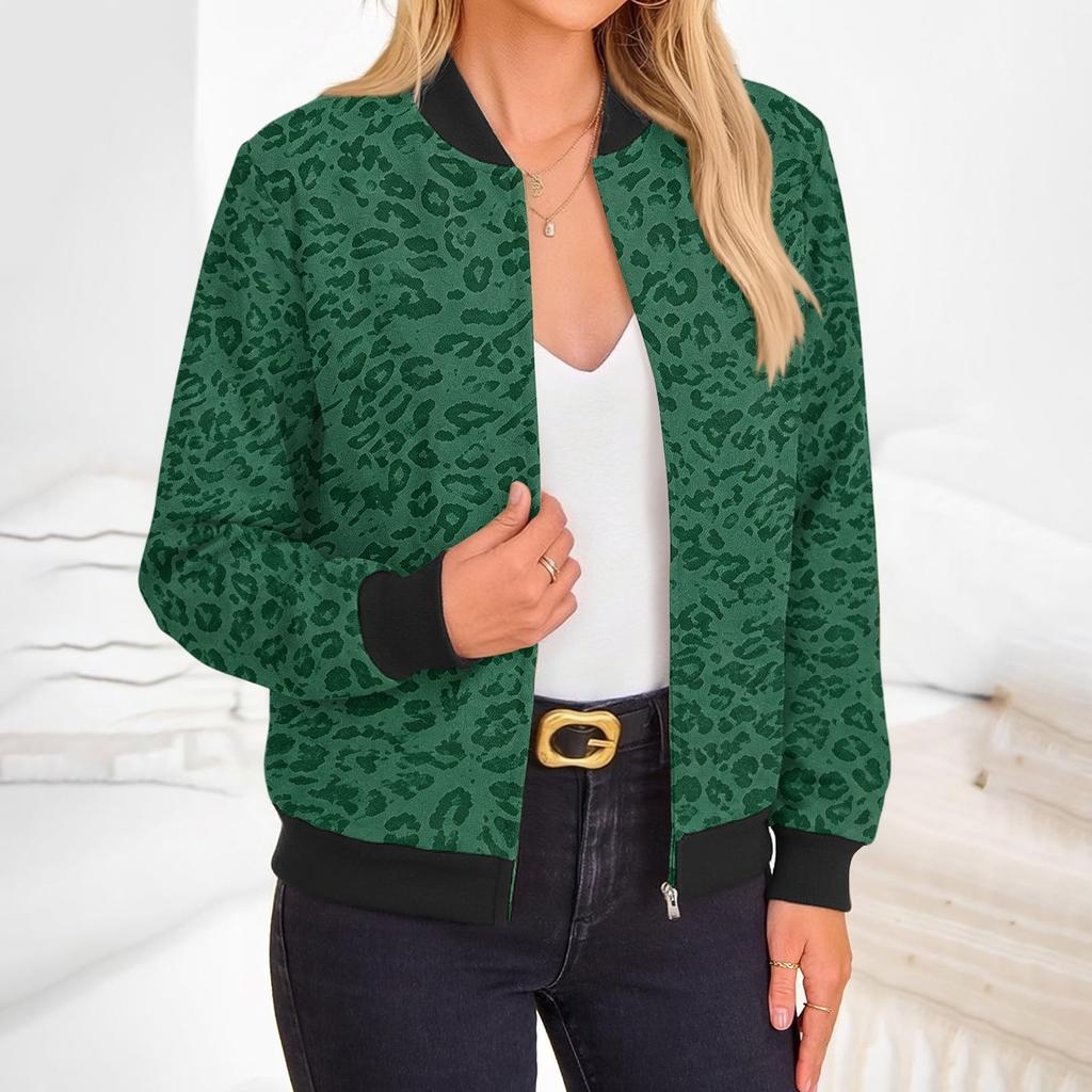 Women's Stylish Long Sleeve Leopard Print Zip-Up Round Neck Jacket for Everyday Wear