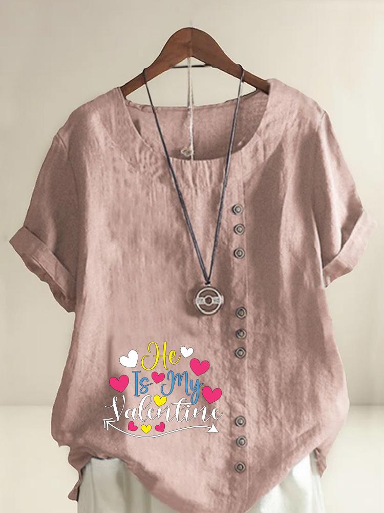 Women s Fashion Love Letter Print Round Neck Short Sleeve T-shirt Summer Casual Cotton Linen Graphic Shirt Leisure Loose Blouse Tops S розовый