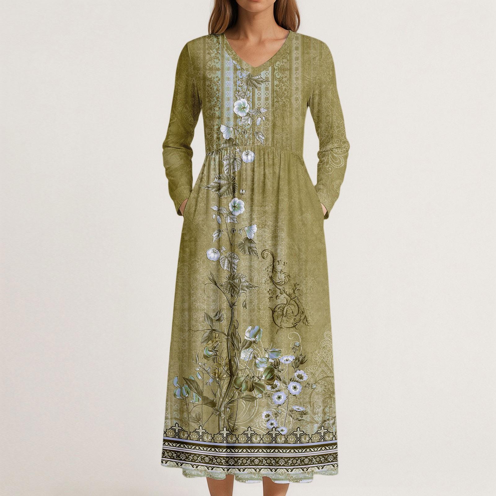 

Платье для женщин длинное бохо пляжное платье элегантное макси-платье V-образный вырез длинный рукав платье с карманами XL жёлтый