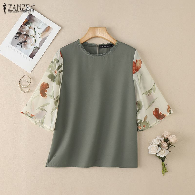ZANZEA Women Casual Round Neck Splice 3/4 Sleeve Loose Blouse