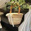 Ladies Stripe Straw Handbag for Vacation Beige Khaki Large Capacity Woven Tote Bag Women Summer Beach Underarm Bag