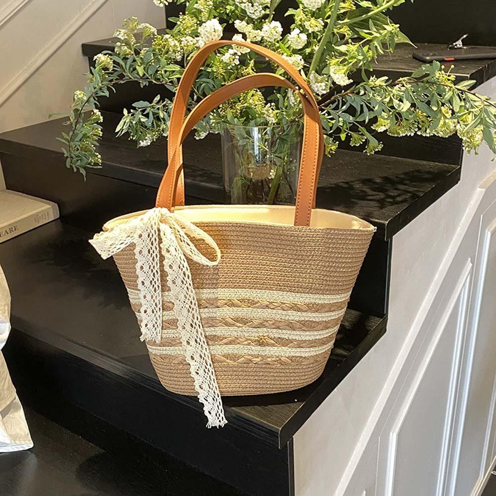 Ladies Stripe Straw Handbag for Vacation Beige Khaki Large Capacity Woven Tote Bag Women Summer Beach Underarm Bag
