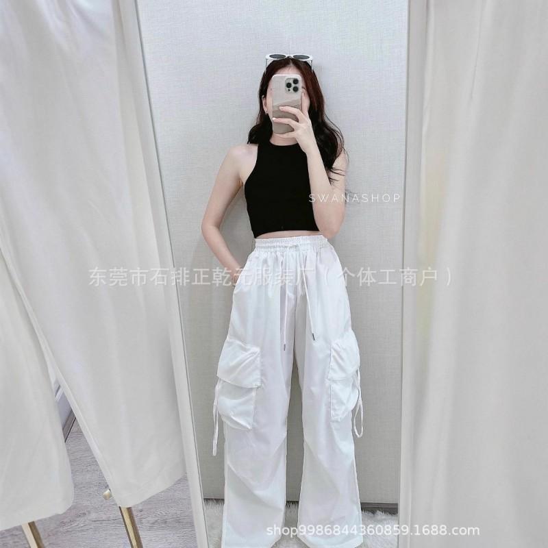Womens Casual Straight Leg Pants Washed Cotton Loose Fit Streetwear Trousers