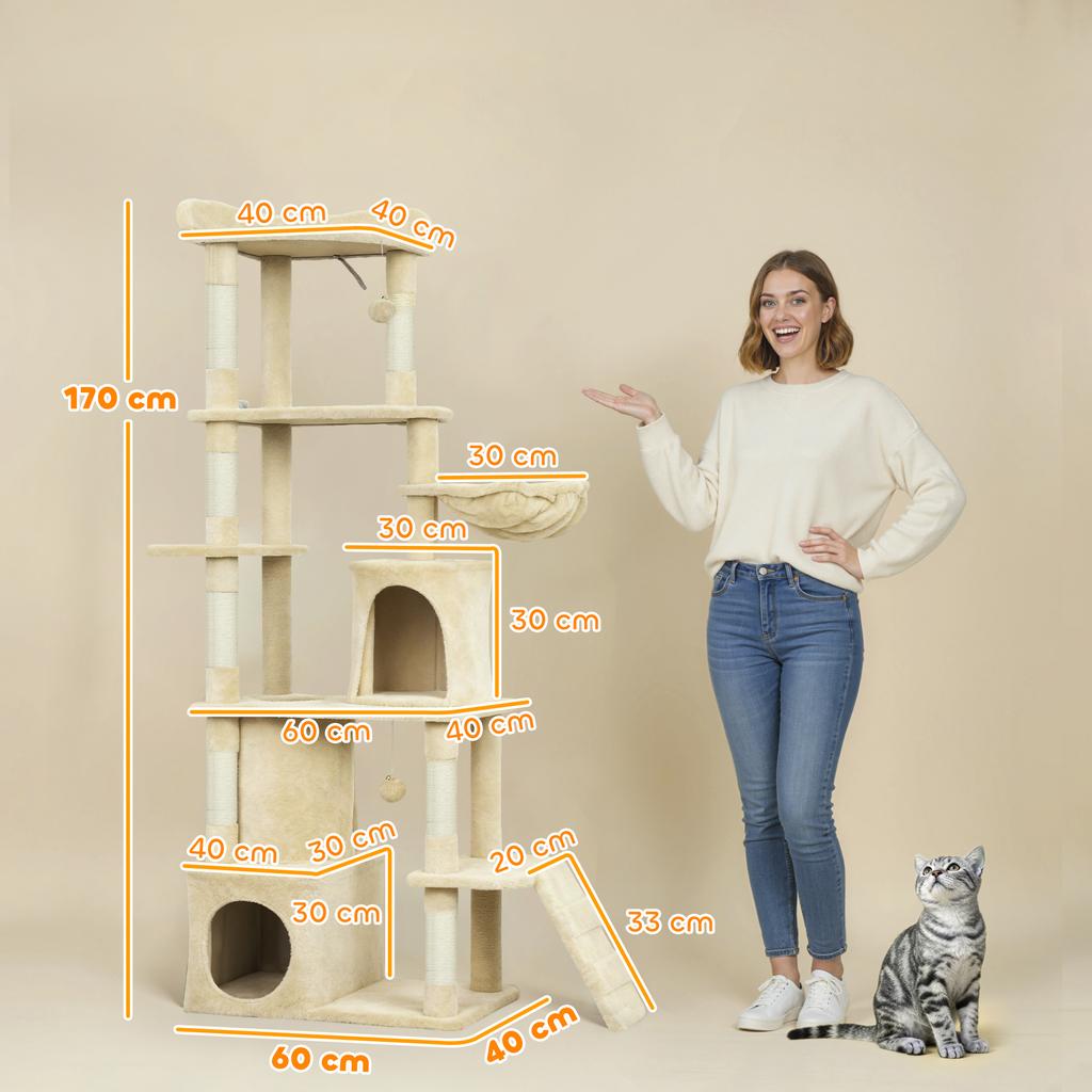 170 Cm Large Cat Tree Cat Tower With 7 Scratching Posts Tunnel 2 Condos Hammock Perch Ramp Pompoms Beige